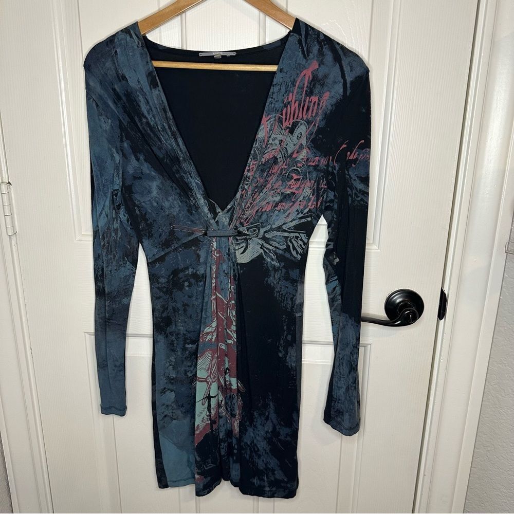 Y2K ANAMA Black Blue Babydoll Style Longsleeve Mini Dress Sz S Whimsygoth Fairy